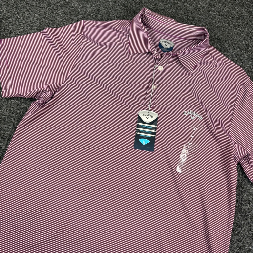 Callaway Polo Shirt Mens Large Sparkling Grape Striped Moisture Wicking Golf